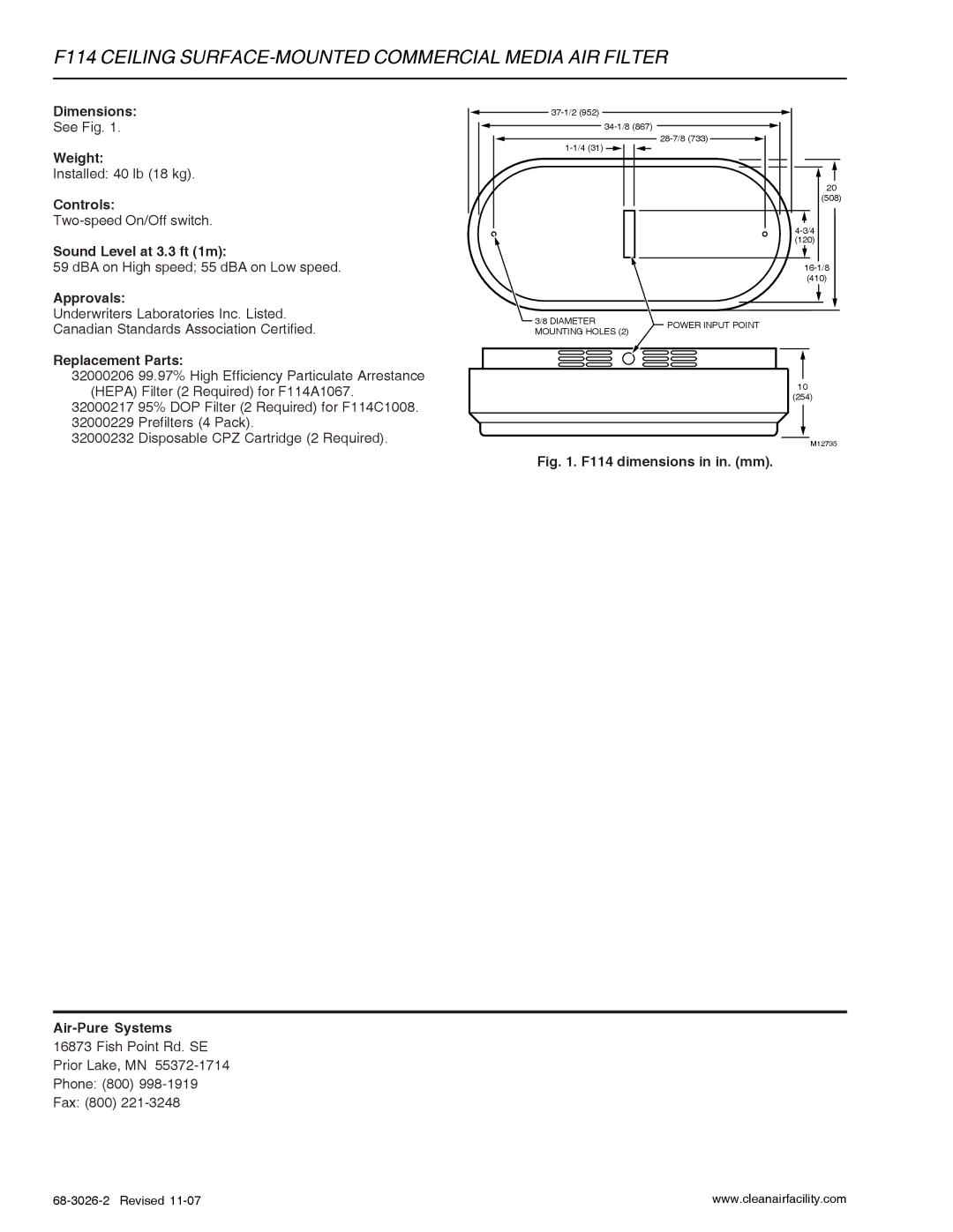 Honeywell F114A, F114C specifications F114 Ceiling SURFACE-MOUNTED Commercial Media AIR Filter 