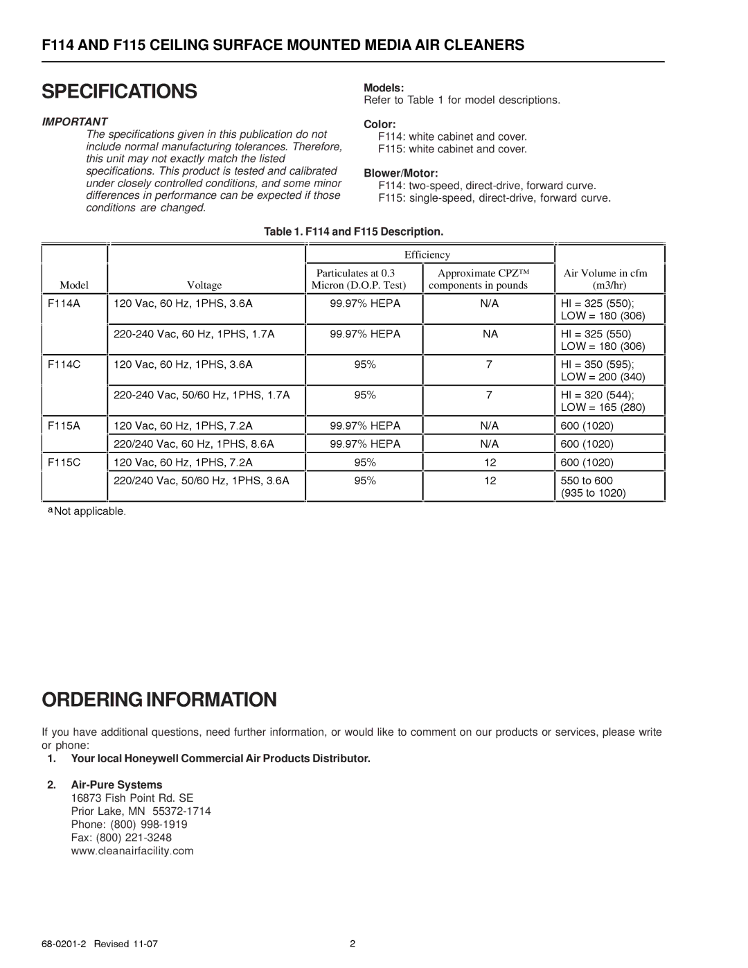 Honeywell F115 specifications Specifications, Ordering Information 