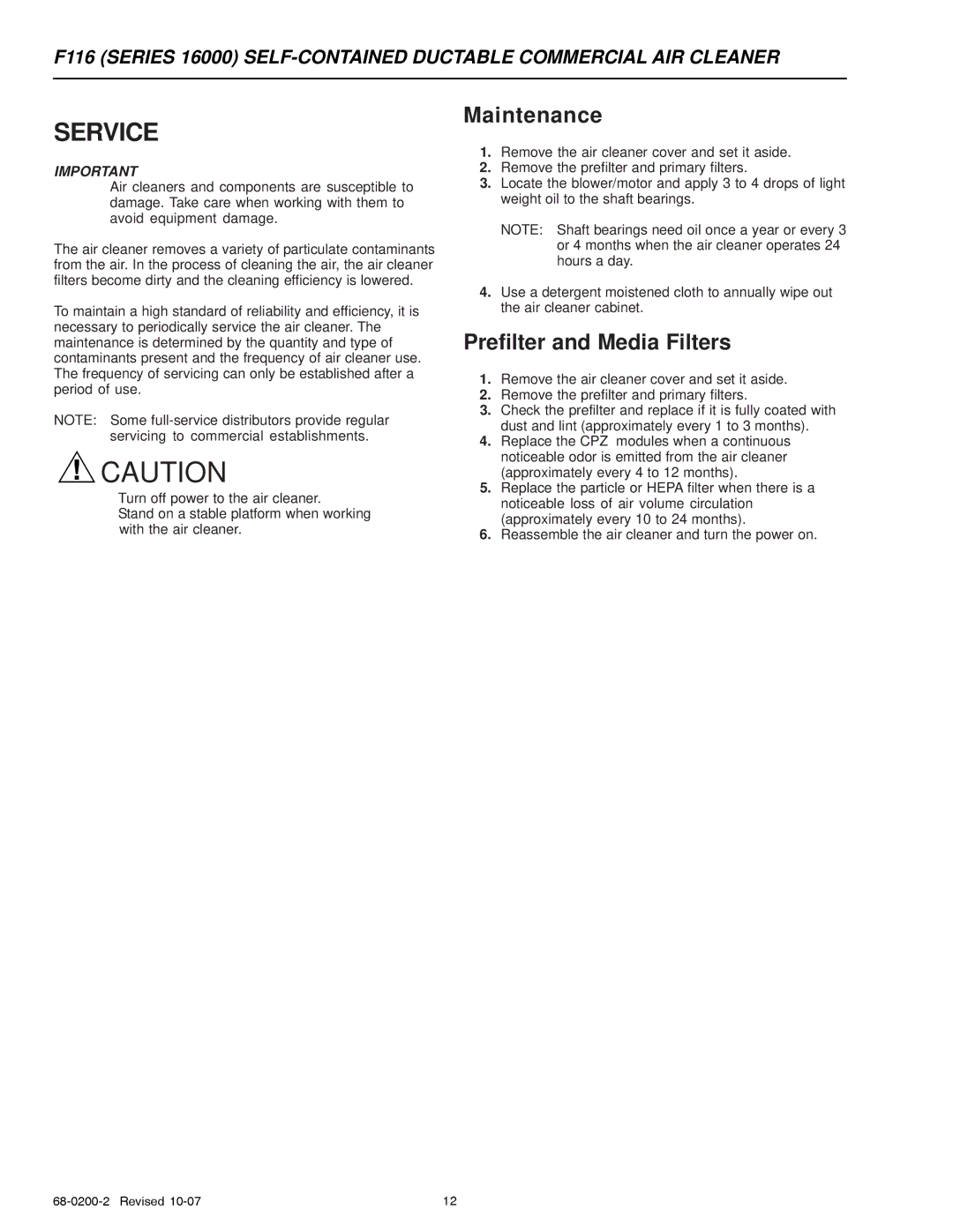 Honeywell F116 specifications Service, Maintenance, Prefilter and Media Filters 