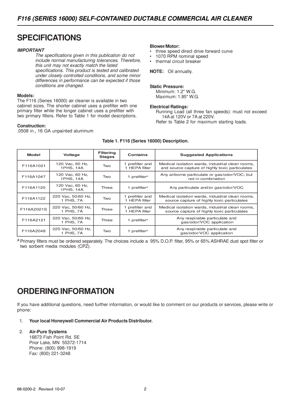 Honeywell F116 specifications Specifications, Ordering Information 