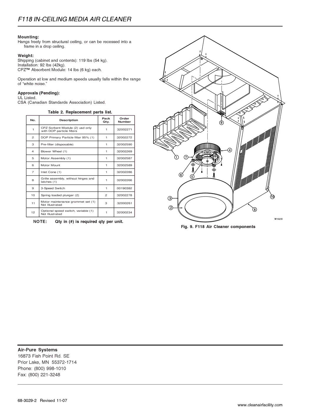 Honeywell F118 specifications Mounting, Weight, Approvals Pending, UL Listed CSA Canadian Standards Association Listed 