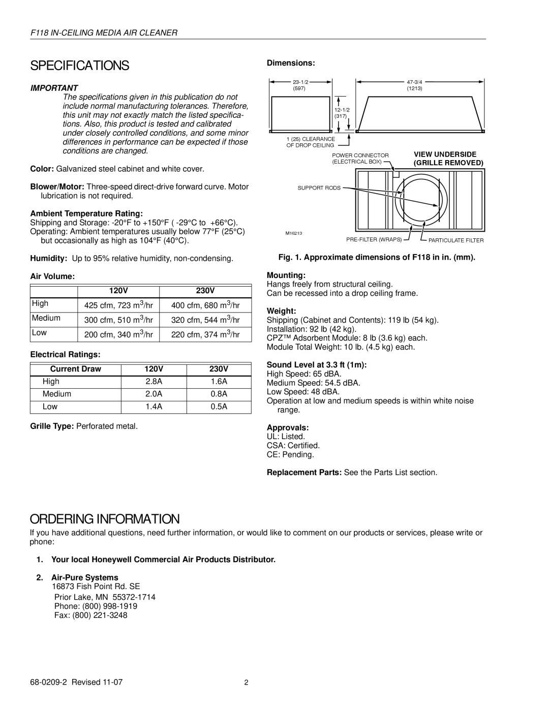 Honeywell F118 specifications Specifications, Ordering Information 