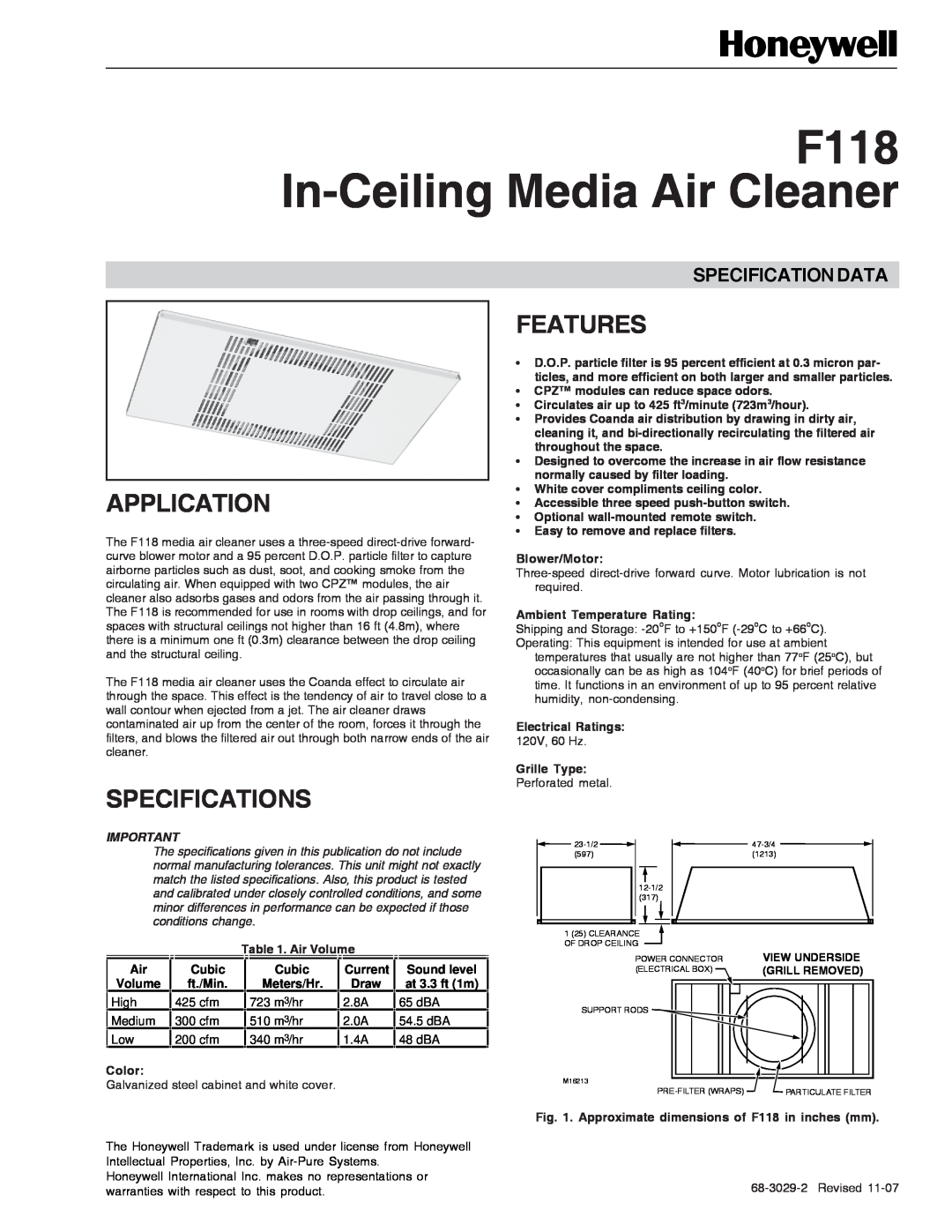 Honeywell specifications F118 In-CeilingMedia Air Cleaner, Application, Specifications, Features, Specification Data 