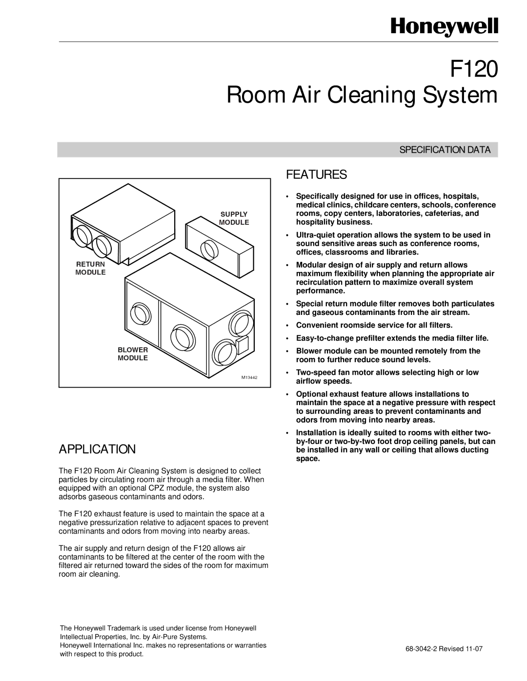 Honeywell F120A1007, F120A1015 manual F120 Room Air Cleaning System, Features 