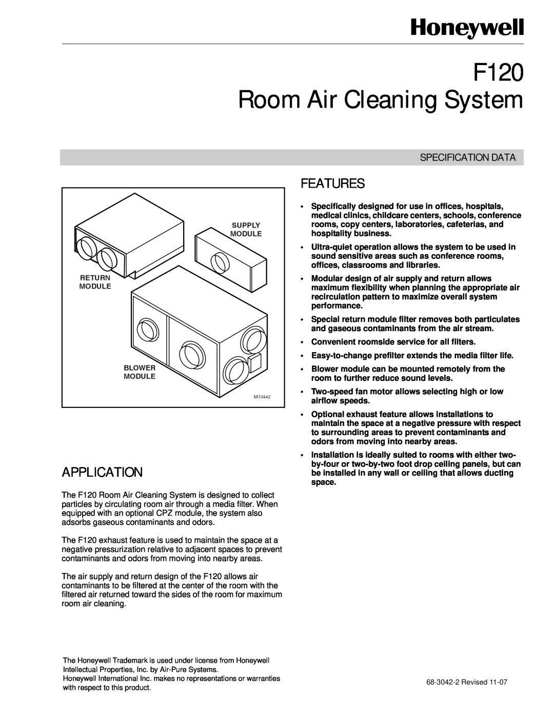 Honeywell F120A1007, F120A1015 manual Features, F120 Room Air Cleaning System, Application, Specification Data 