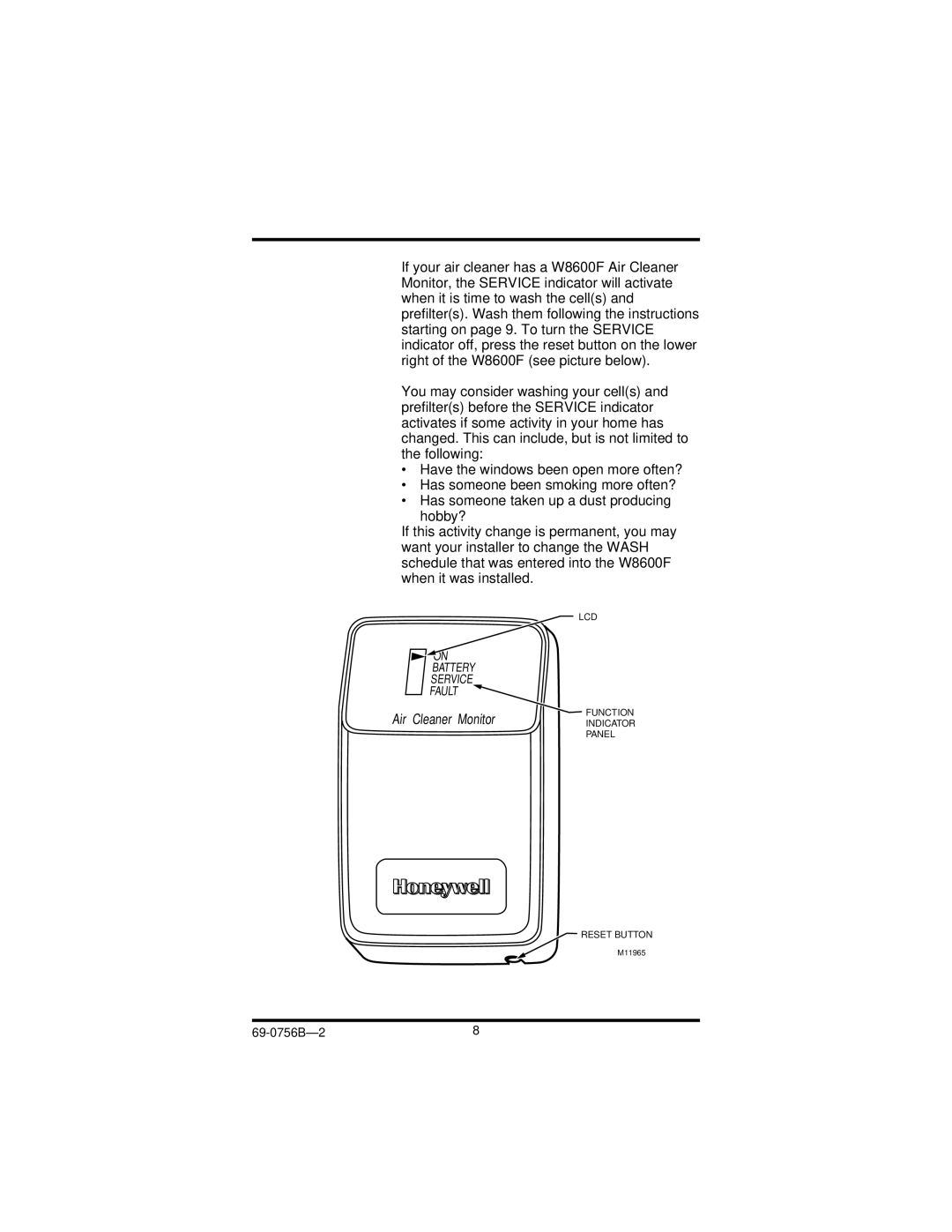 Honeywell F50F manual Air Cleaner Monitor 