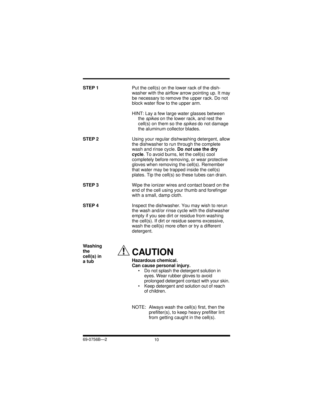 Honeywell F50F manual Step, Washing the cells in a tub, Hazardous chemical Can cause personal injury 