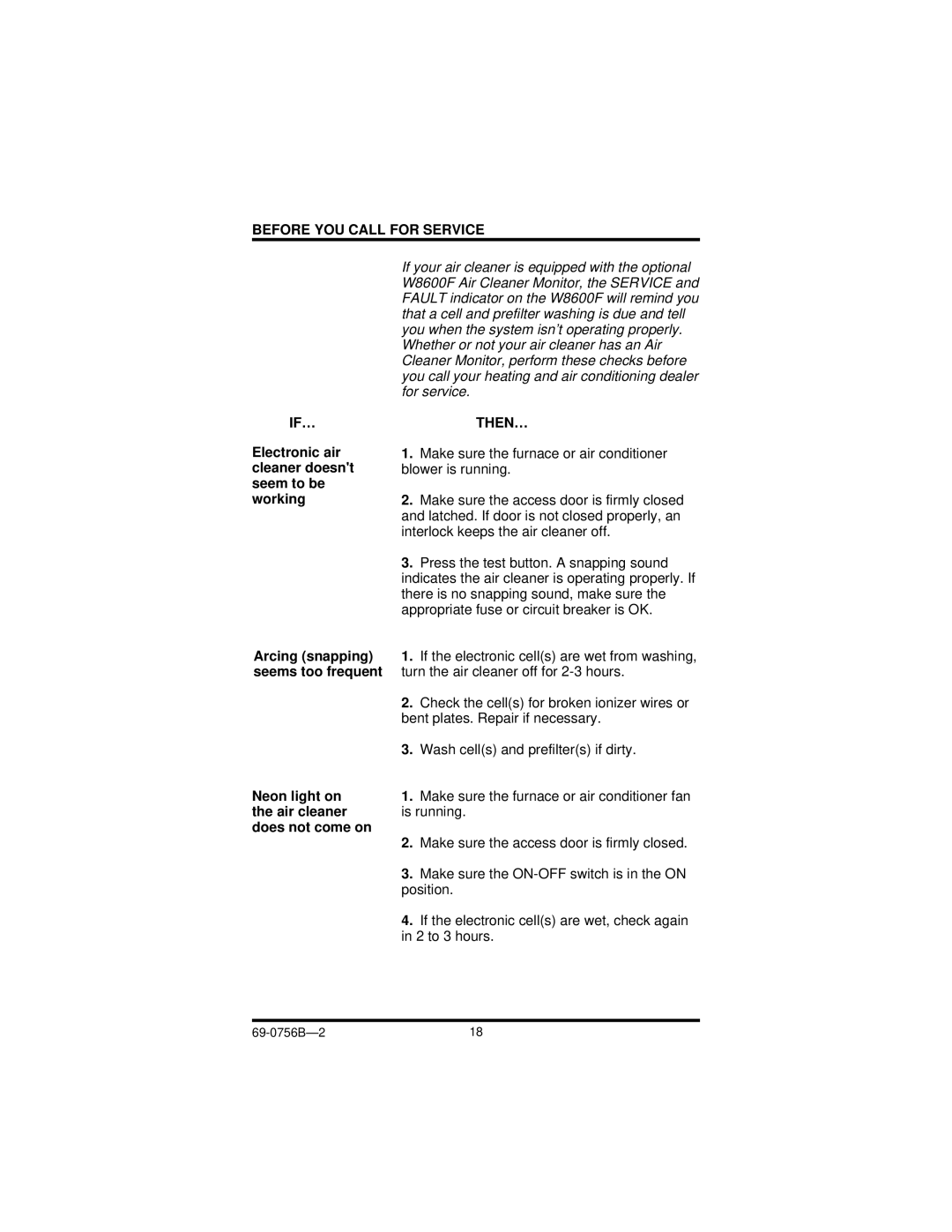 Honeywell F50F manual Before YOU Call for Service IF…, Then…, Make sure the furnace or air conditioner blower is running 