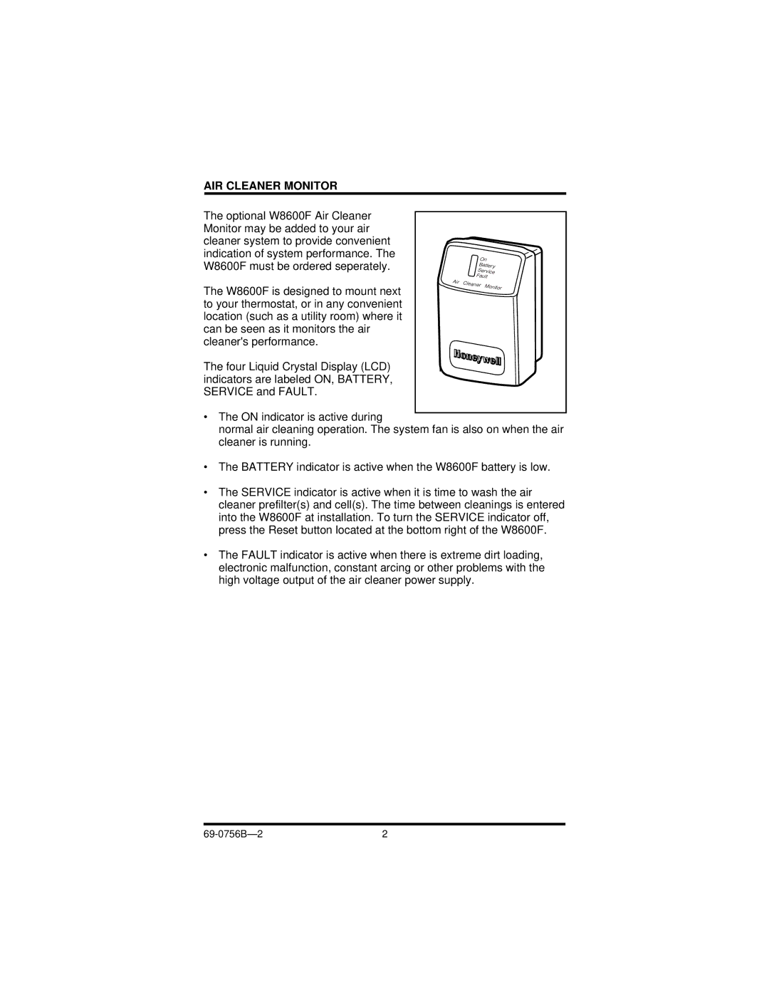 Honeywell F50F manual AIR Cleaner Monitor 