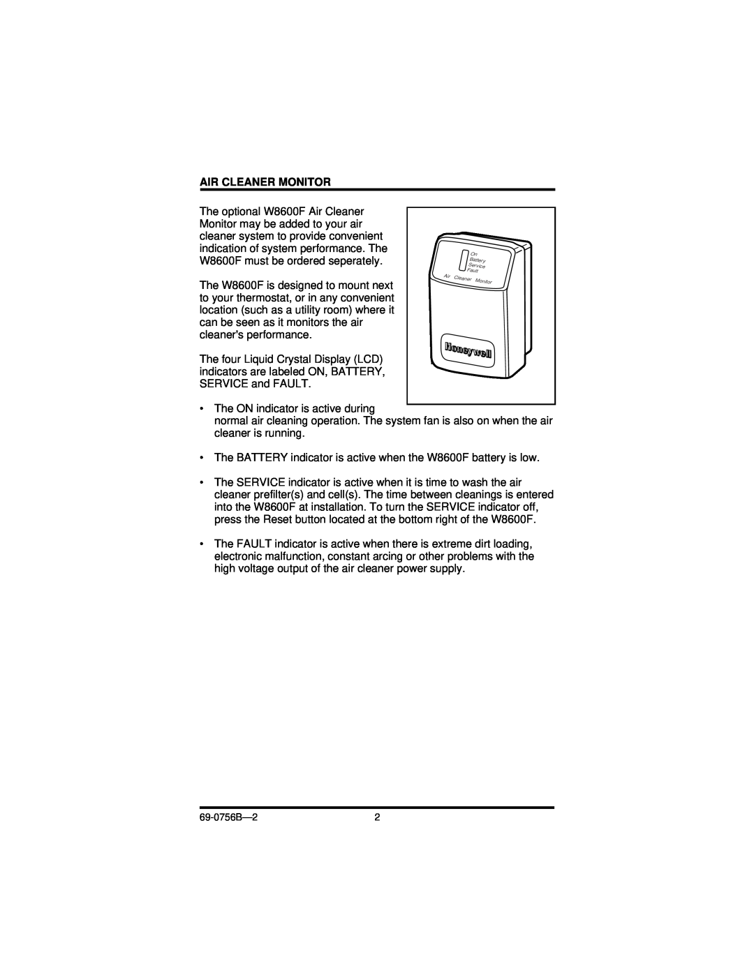 Honeywell F50F manual Air Cleaner Monitor 