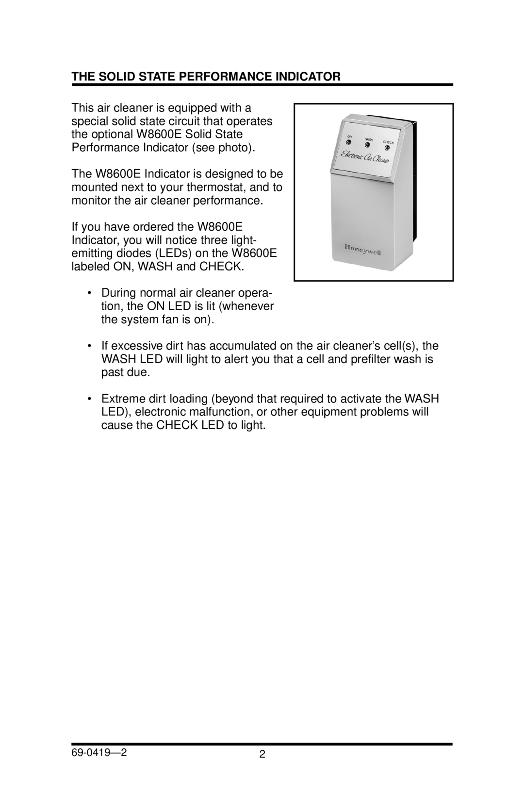 Honeywell F52F manual Solid State Performance Indicator 