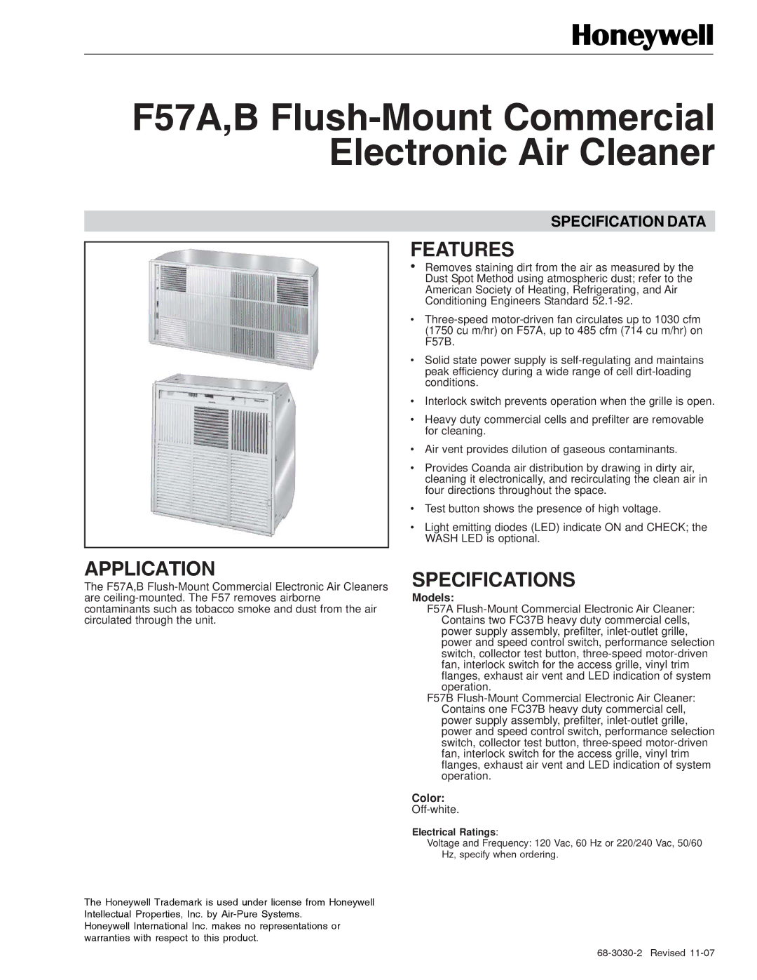 Honeywell F57B specifications Application, Features, Specifications, Models, Color 