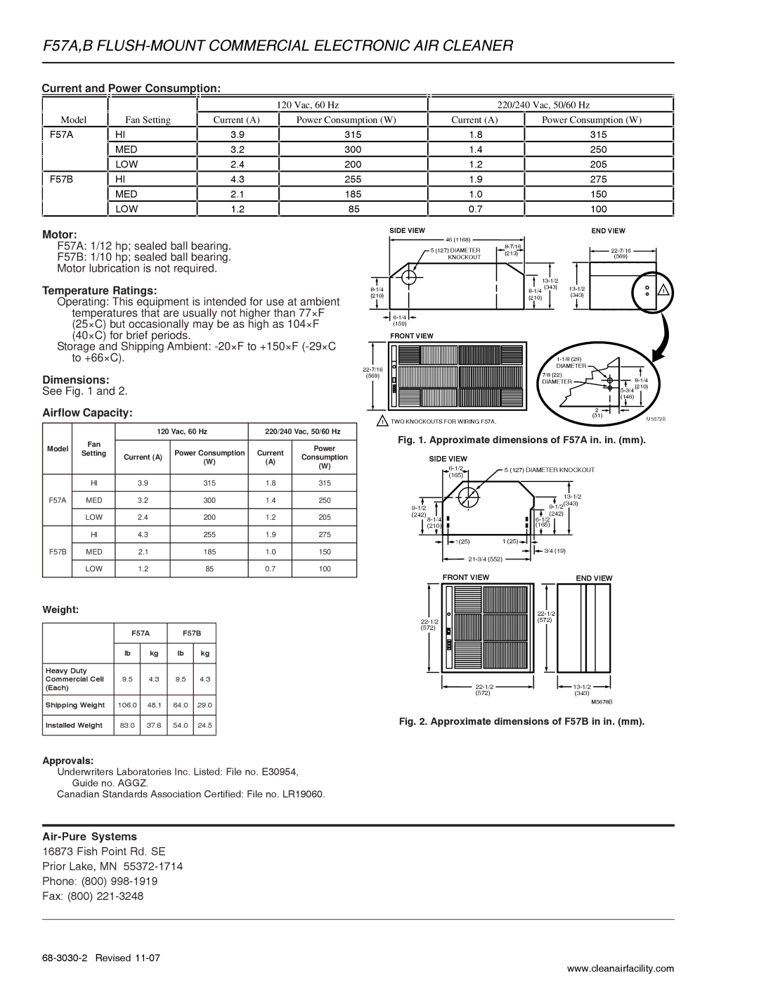 Honeywell F57B Current and Power Consumption, Motor, Temperature Ratings, Dimensions, Airflow Capacity, Air-Pure Systems 