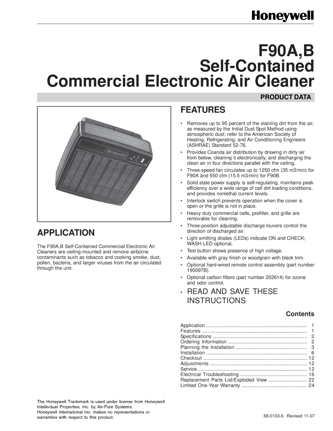 Honeywell F90B, F90A specifications Features Application, Contents 