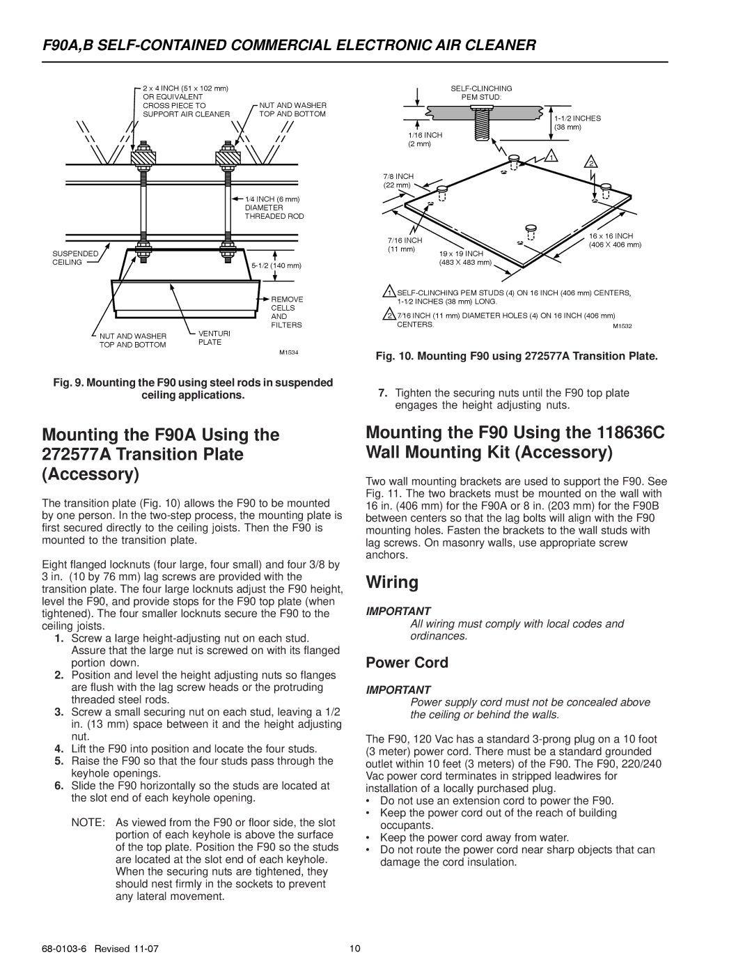 Honeywell F90A, F90B specifications Wiring, Power Cord 