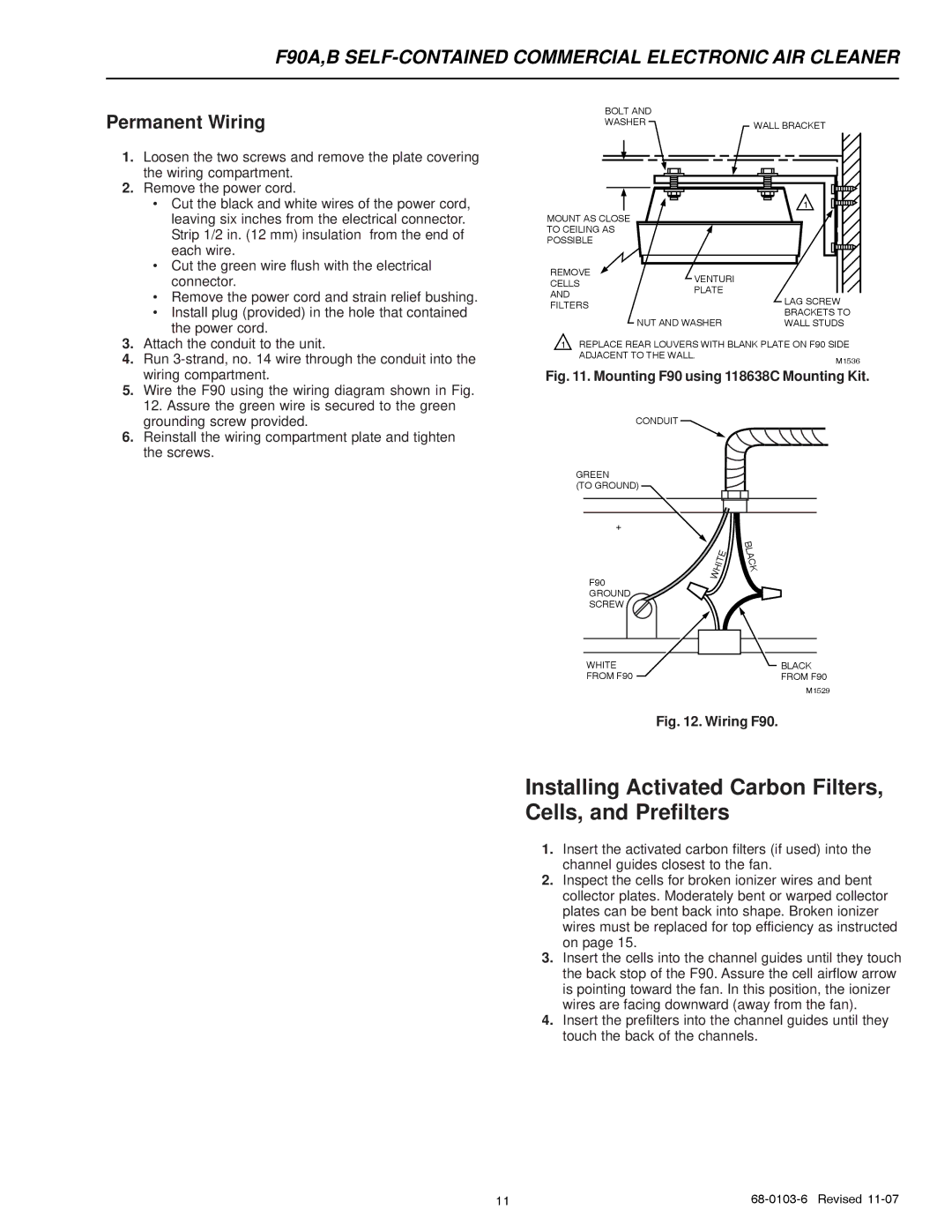 Honeywell F90B, F90A specifications Installing Activated Carbon Filters, Cells, and Prefilters, Permanent Wiring 