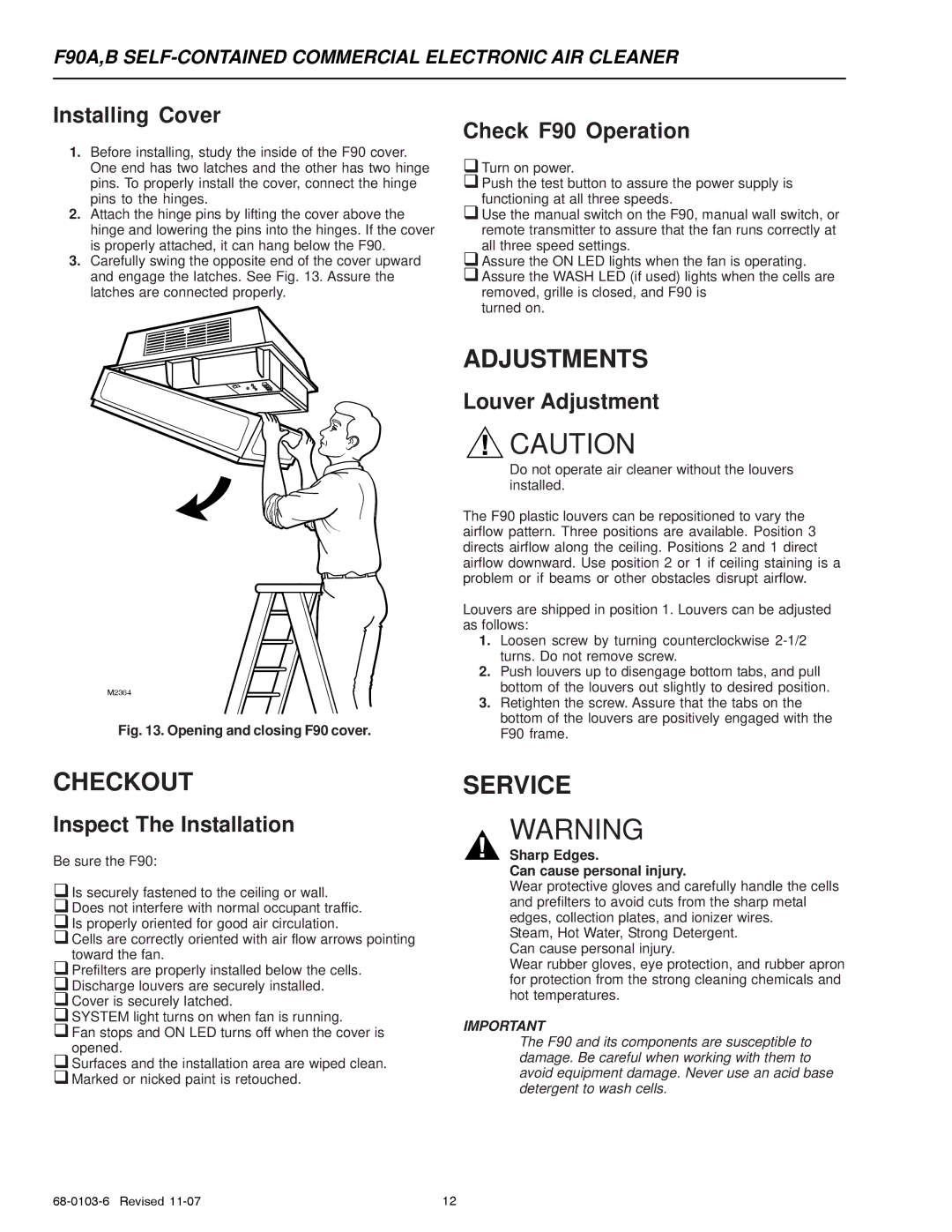 Honeywell F90A, F90B specifications Checkout, Adjustments, Service 