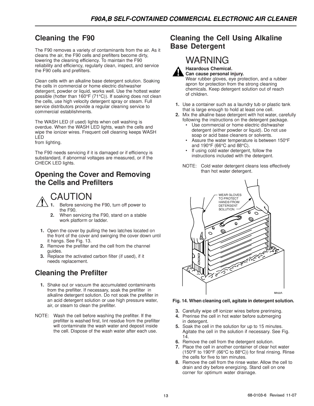 Honeywell F90B, F90A Cleaning the F90, Cleaning the Prefilter, Cleaning the Cell Using Alkaline Base Detergent 