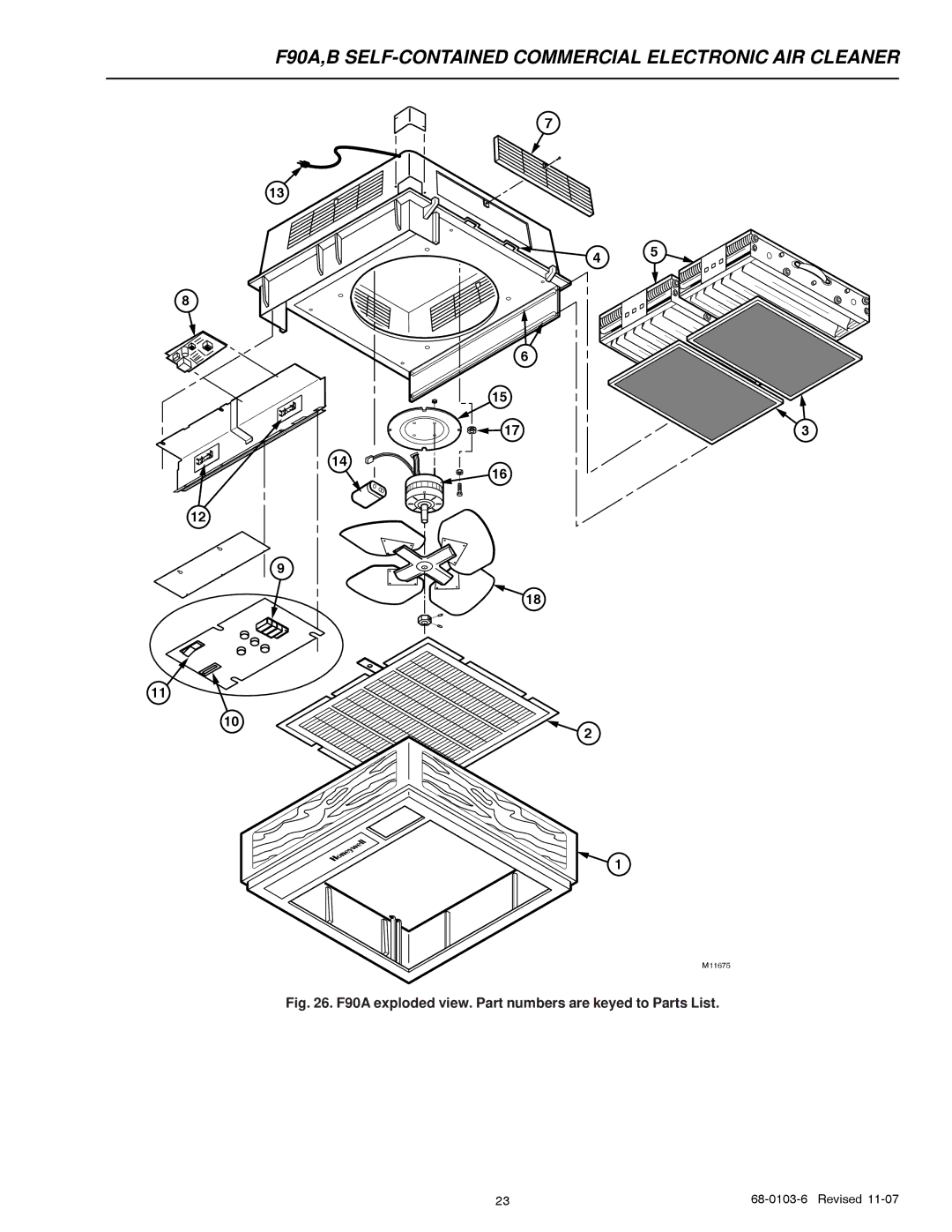 Honeywell F90B specifications F90A exploded view. Part numbers are keyed to Parts List 