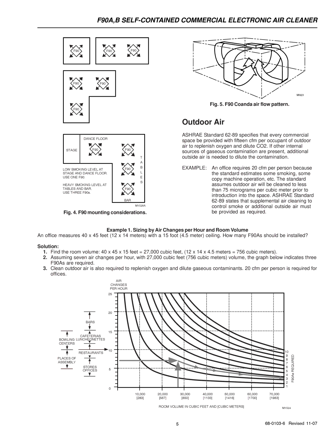 Honeywell F90B, F90A specifications Outdoor Air, Example 1. Sizing by Air Changes per Hour and Room Volume, Solution 