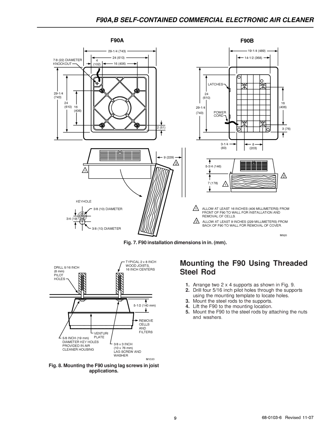 Honeywell F90B, F90A specifications Mounting the F90 Using Threaded Steel Rod, Arrange two 2 x 4 supports as shown in Fig 