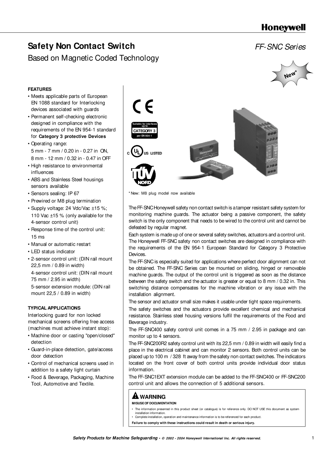 Honeywell FF-SNC manual New M8 plug model now available, Misuse of Documentation 