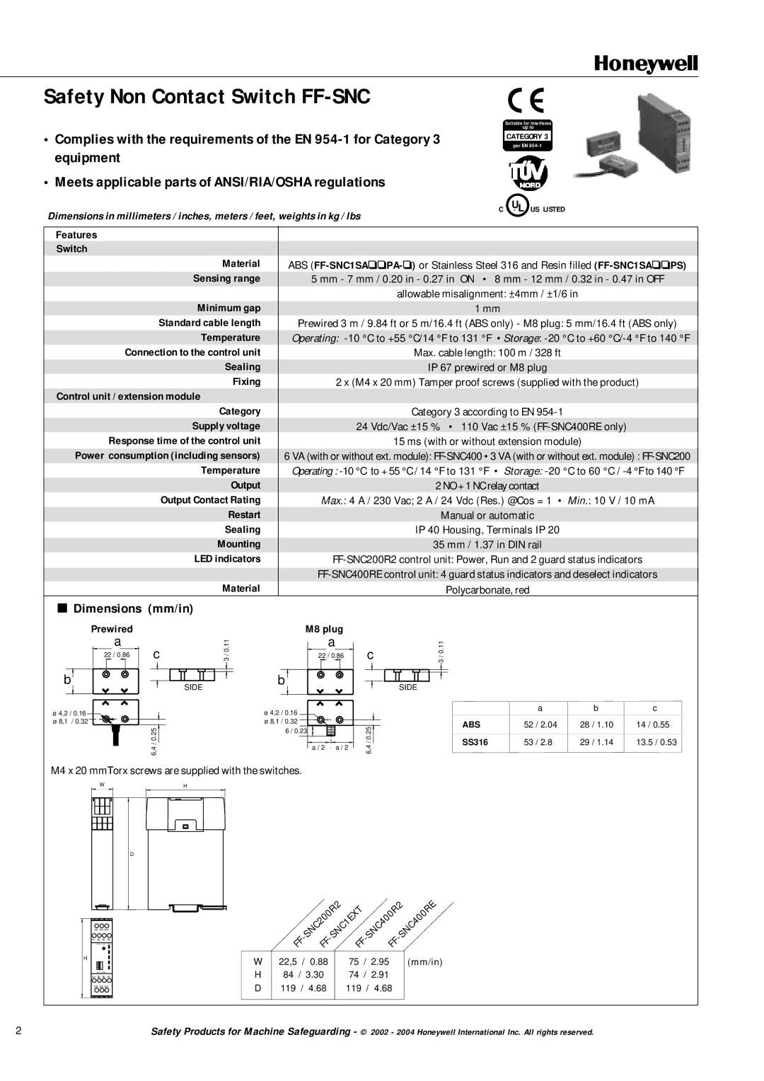 Honeywell FF-SNC manual Dimensions mm/in 