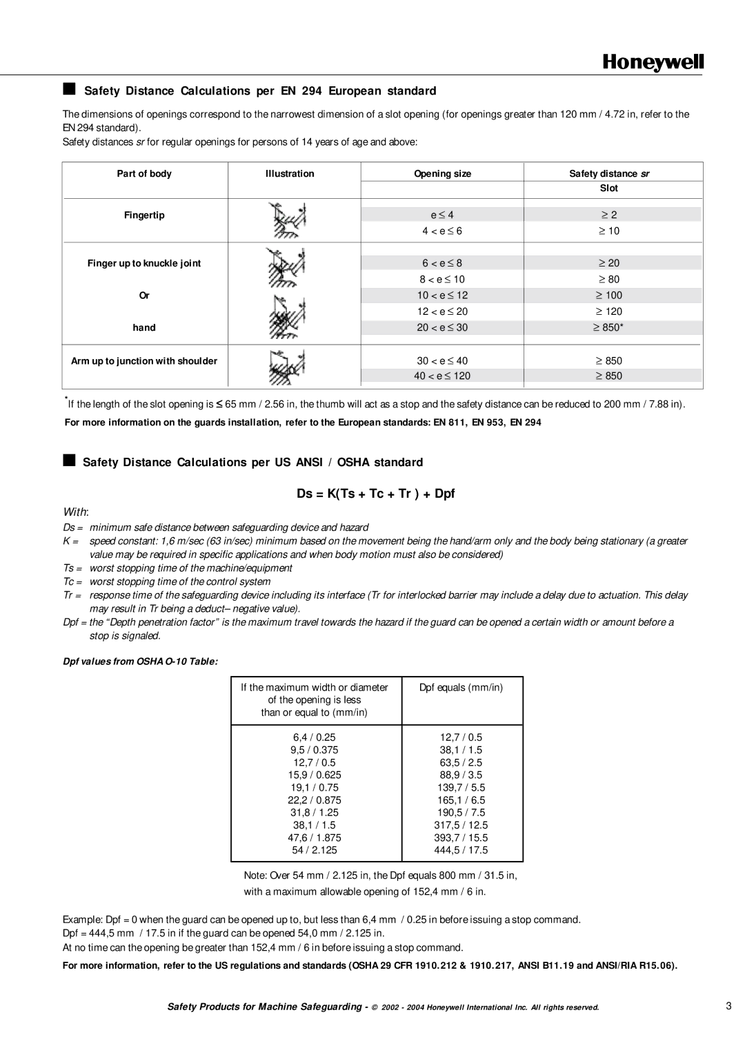 Honeywell FF-SNC manual Safety Distance Calculations per EN 294 European standard, Dpf values from Osha O-10 Table 