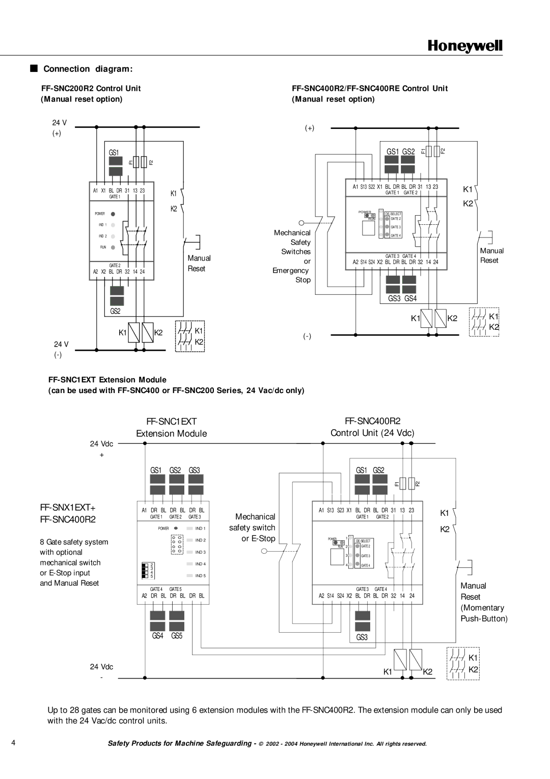 Honeywell manual Connection diagram, FF-SNC400R2/FF-SNC400RE Control Unit Manual reset option 