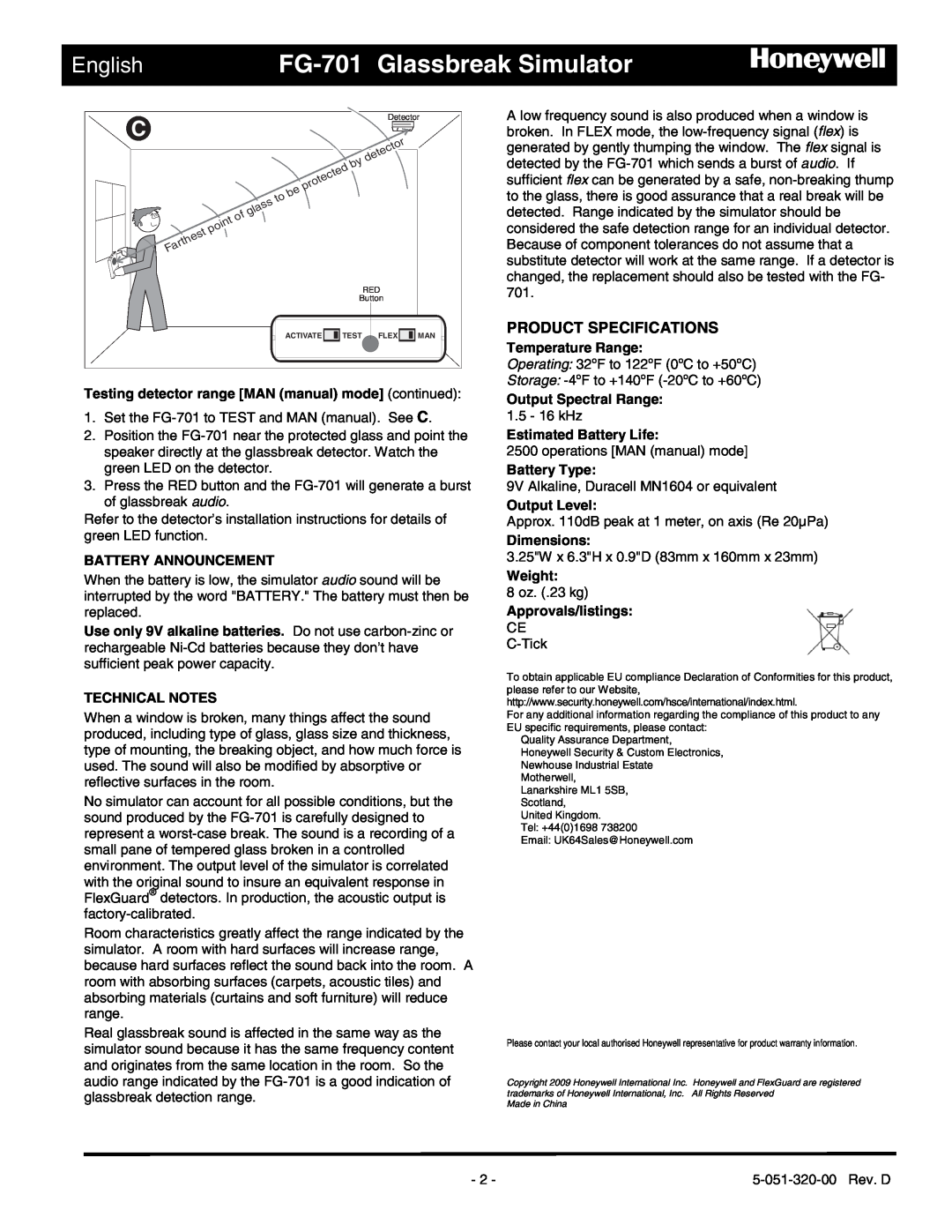 Honeywell operating instructions Product Specifications, FG-701 Glassbreak Simulator, English 