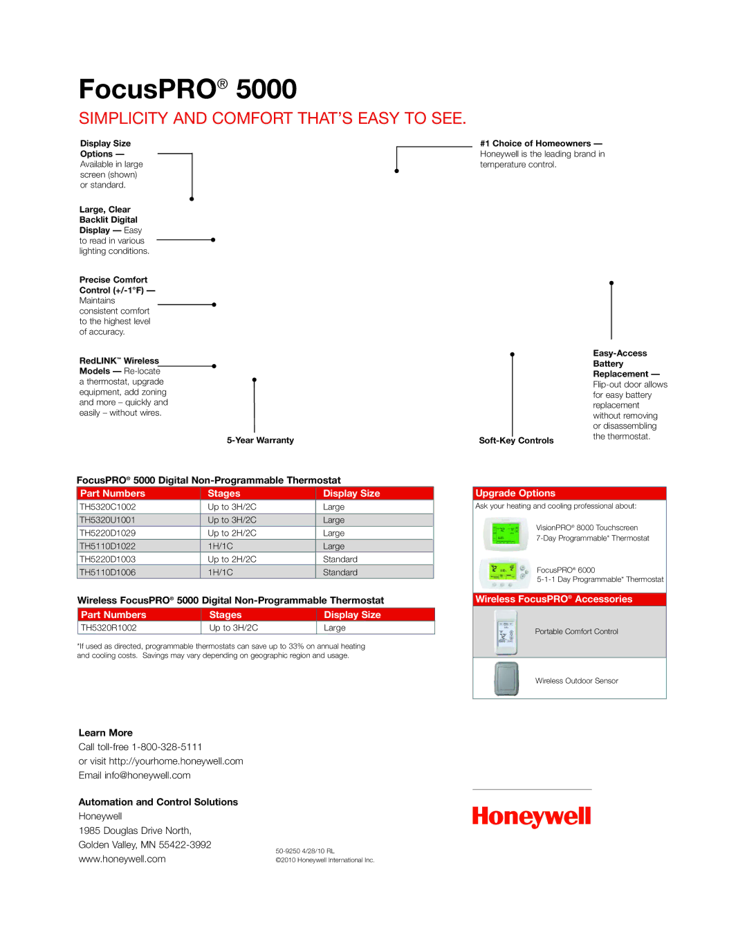 Honeywell focus pro 5000 manual FocusPRO, Simplicity and Comfort THAT’S Easy to see, Part Numbers Stages Display Size 