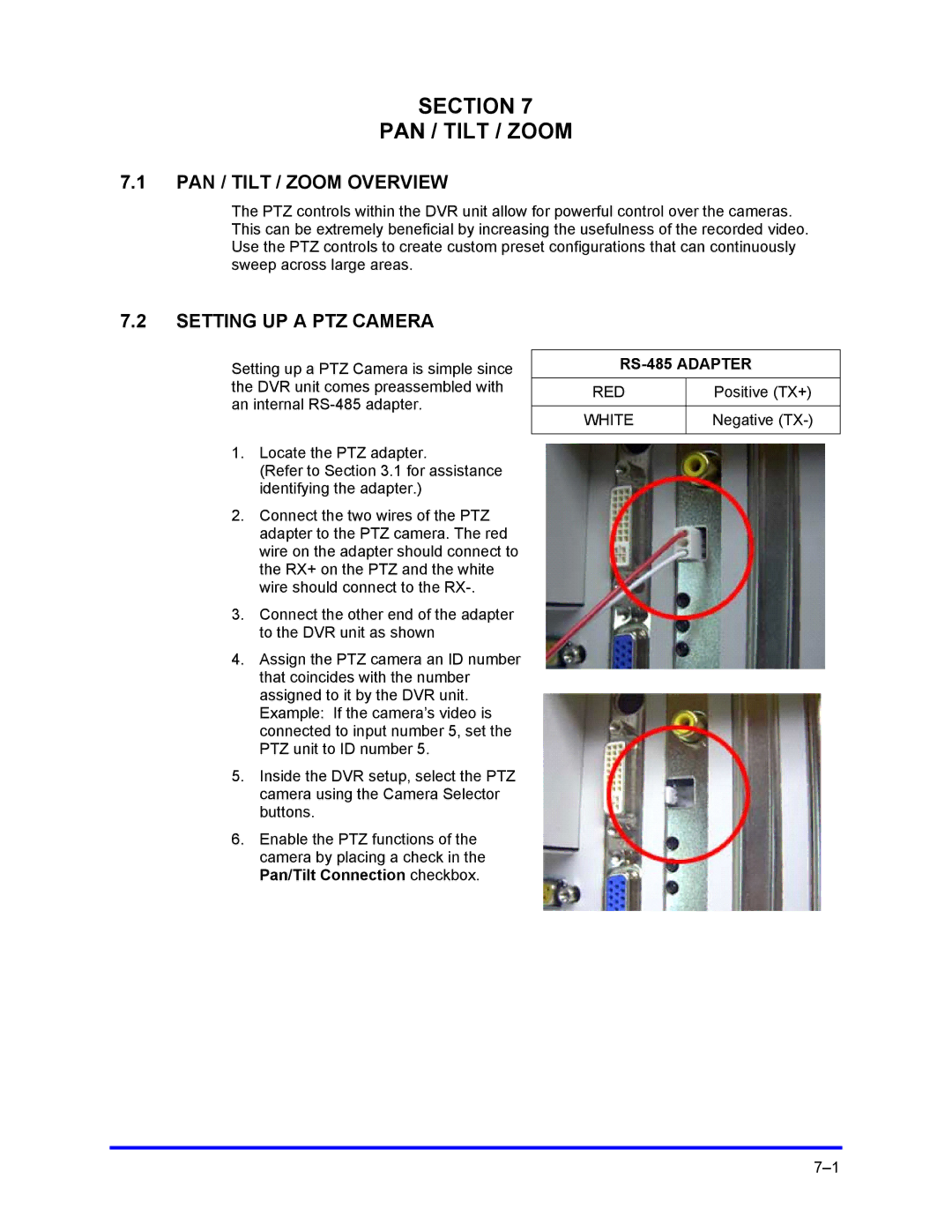 Honeywell FUSION user manual Section PAN / Tilt / Zoom, PAN / Tilt / Zoom Overview, Setting UP a PTZ Camera, RS-485 Adapter 