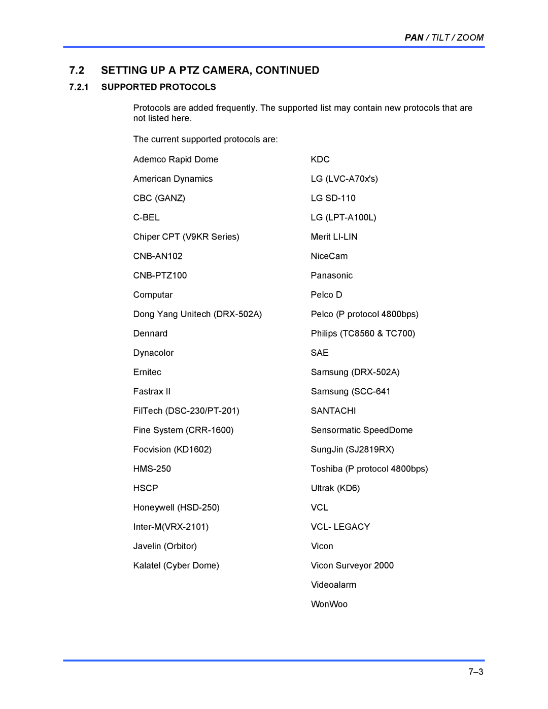 Honeywell FUSION user manual Supported Protocols, CNB-PTZ100 