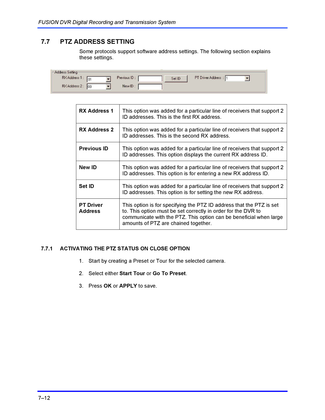 Honeywell FUSION user manual PTZ Address Setting 