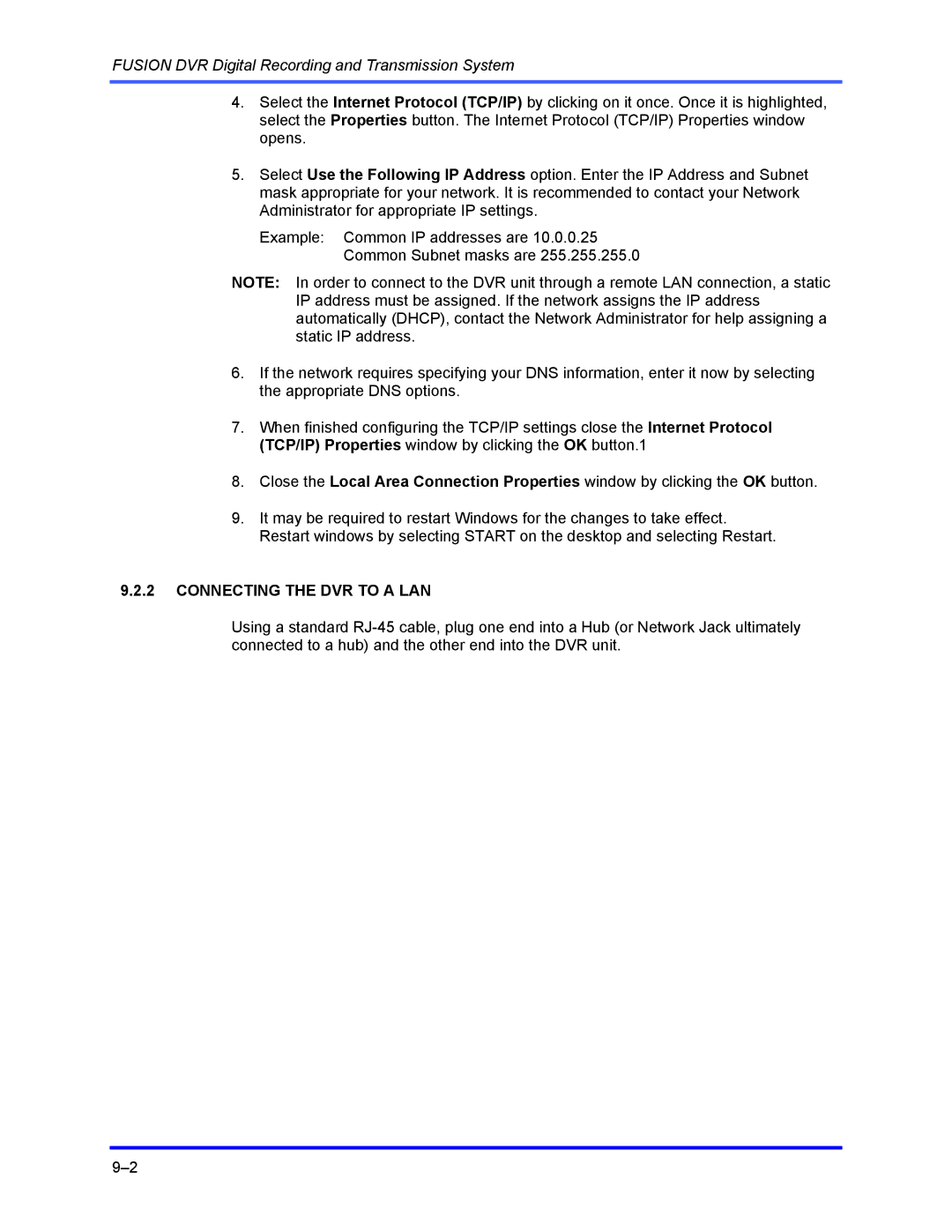 Honeywell FUSION user manual Connecting the DVR to a LAN 