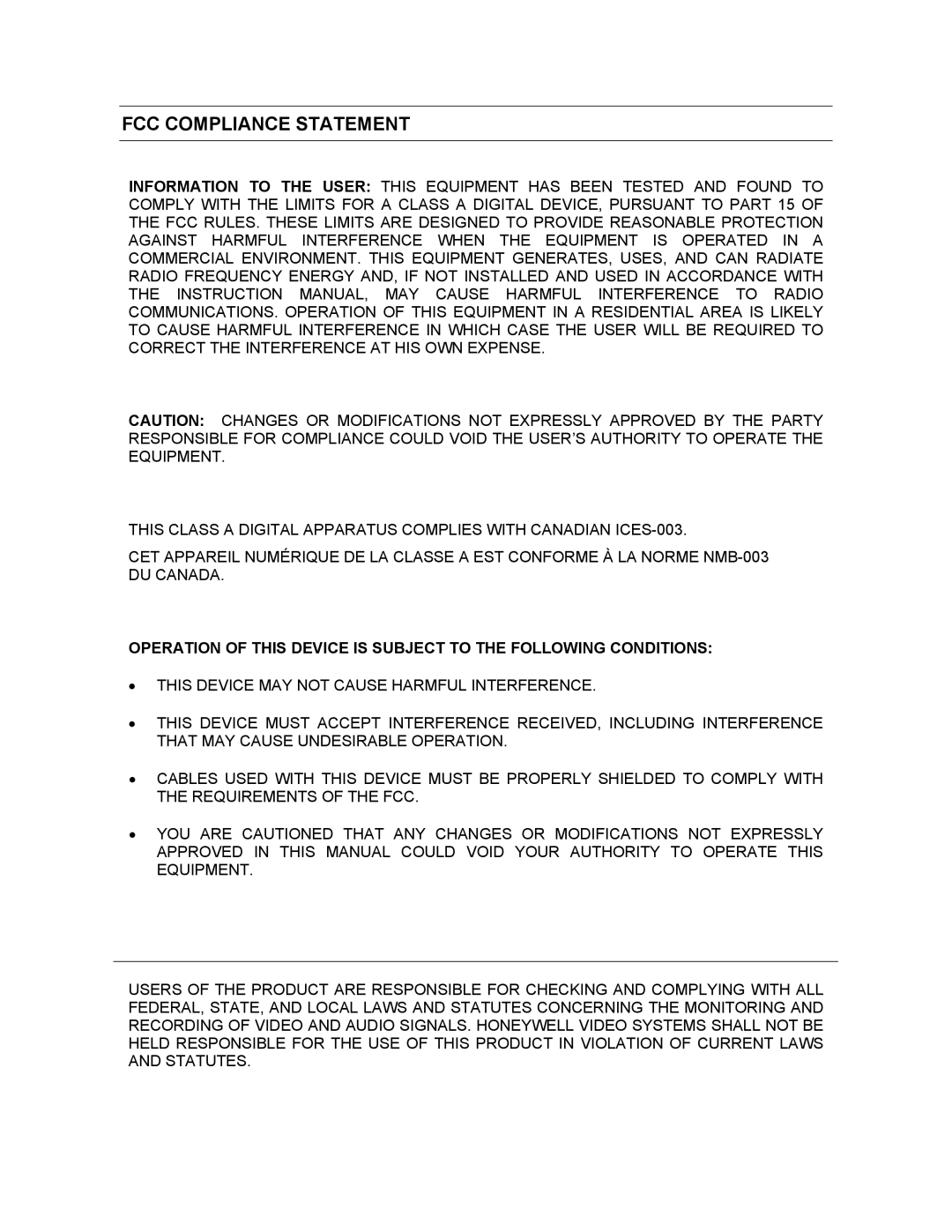 Honeywell FUSION user manual FCC Compliance Statement 