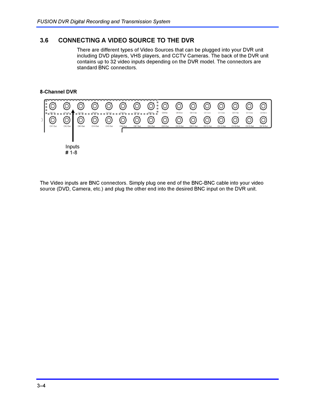 Honeywell FUSION user manual Connecting a Video Source to the DVR, Channel DVR 