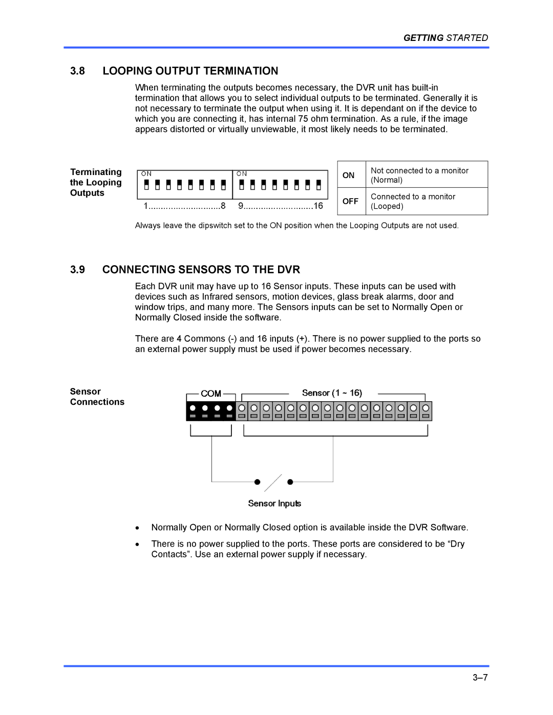 Honeywell FUSION user manual Looping Output Termination, Connecting Sensors to the DVR, Terminating Looping Outputs 