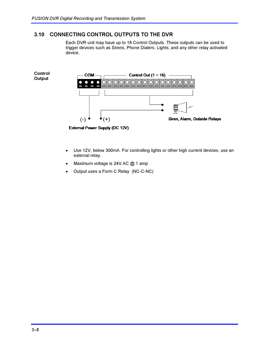 Honeywell FUSION user manual Connecting Control Outputs to the DVR 