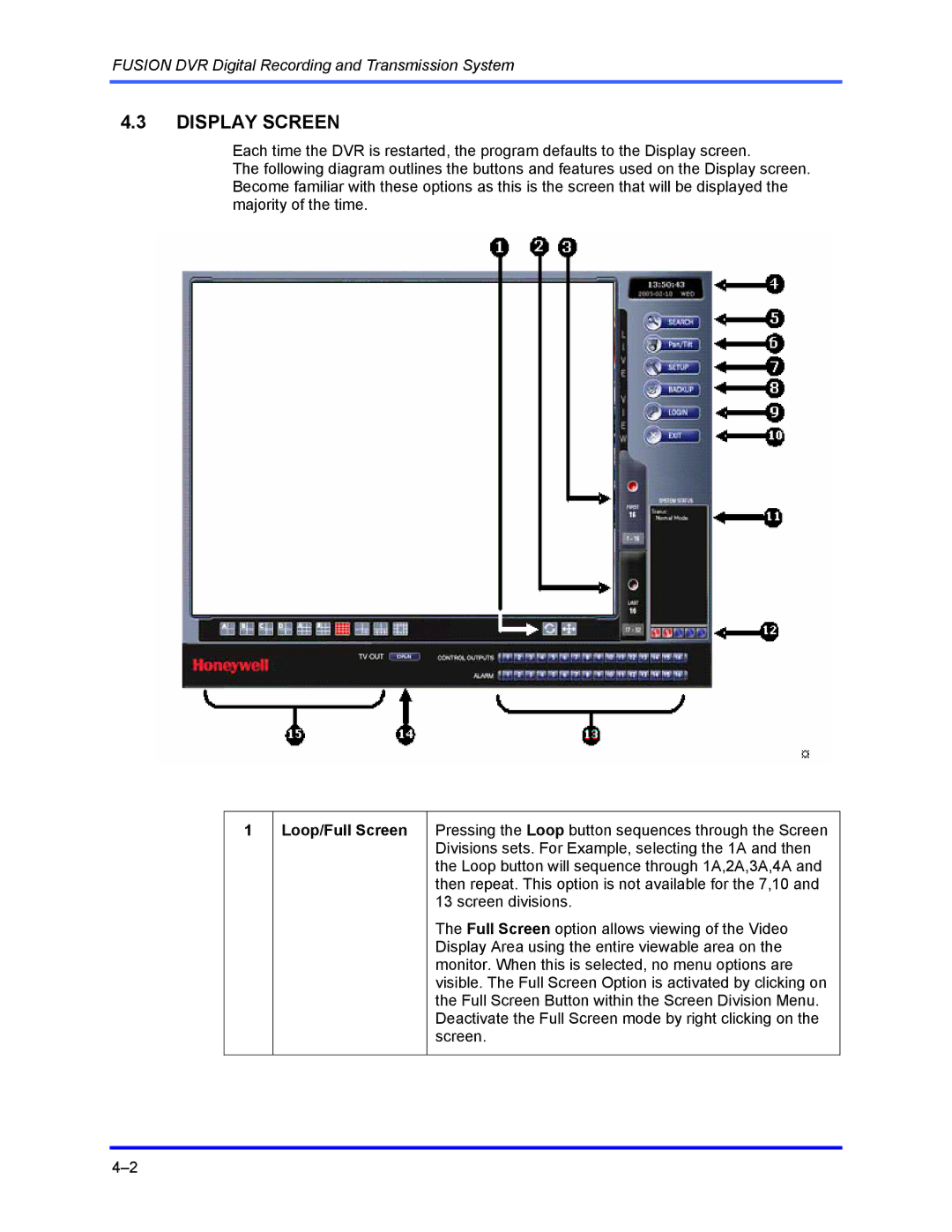 Honeywell FUSION user manual Display Screen, Loop/Full Screen 