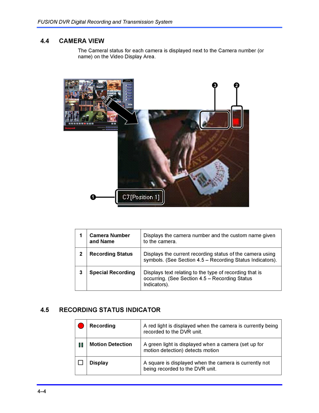 Honeywell FUSION user manual Camera View, Recording Status Indicator, Motion Detection, Display 