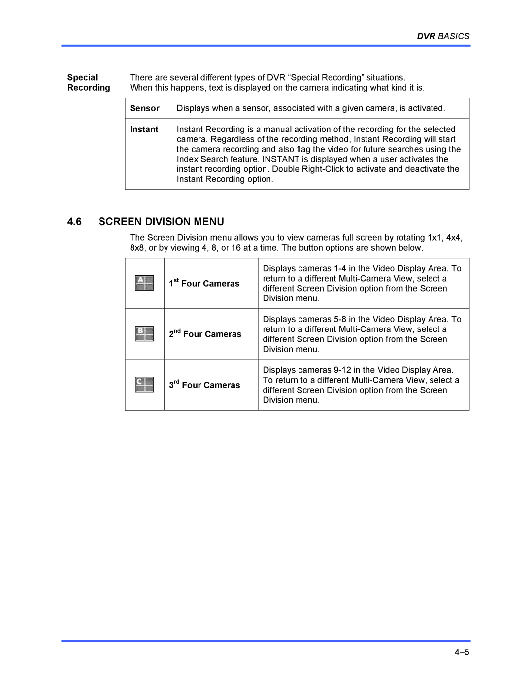 Honeywell FUSION user manual Screen Division Menu, St Four Cameras, Nd Four Cameras, Rd Four Cameras 