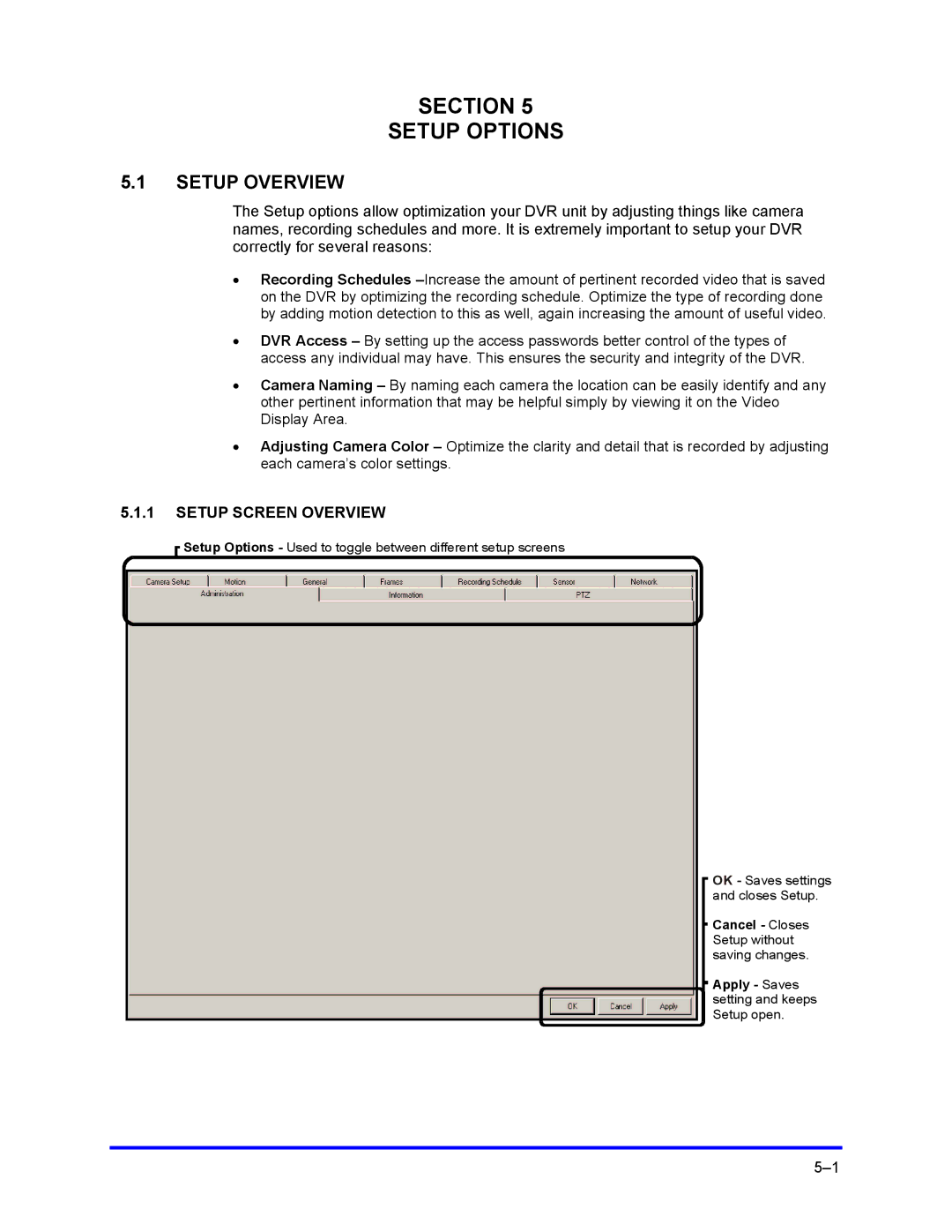 Honeywell FUSION user manual Section Setup Options, Setup Overview, Setup Screen Overview 