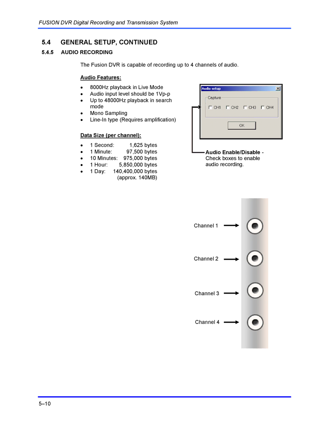 Honeywell FUSION user manual Audio Recording, Audio Features, Data Size per channel, Audio Enable/Disable 