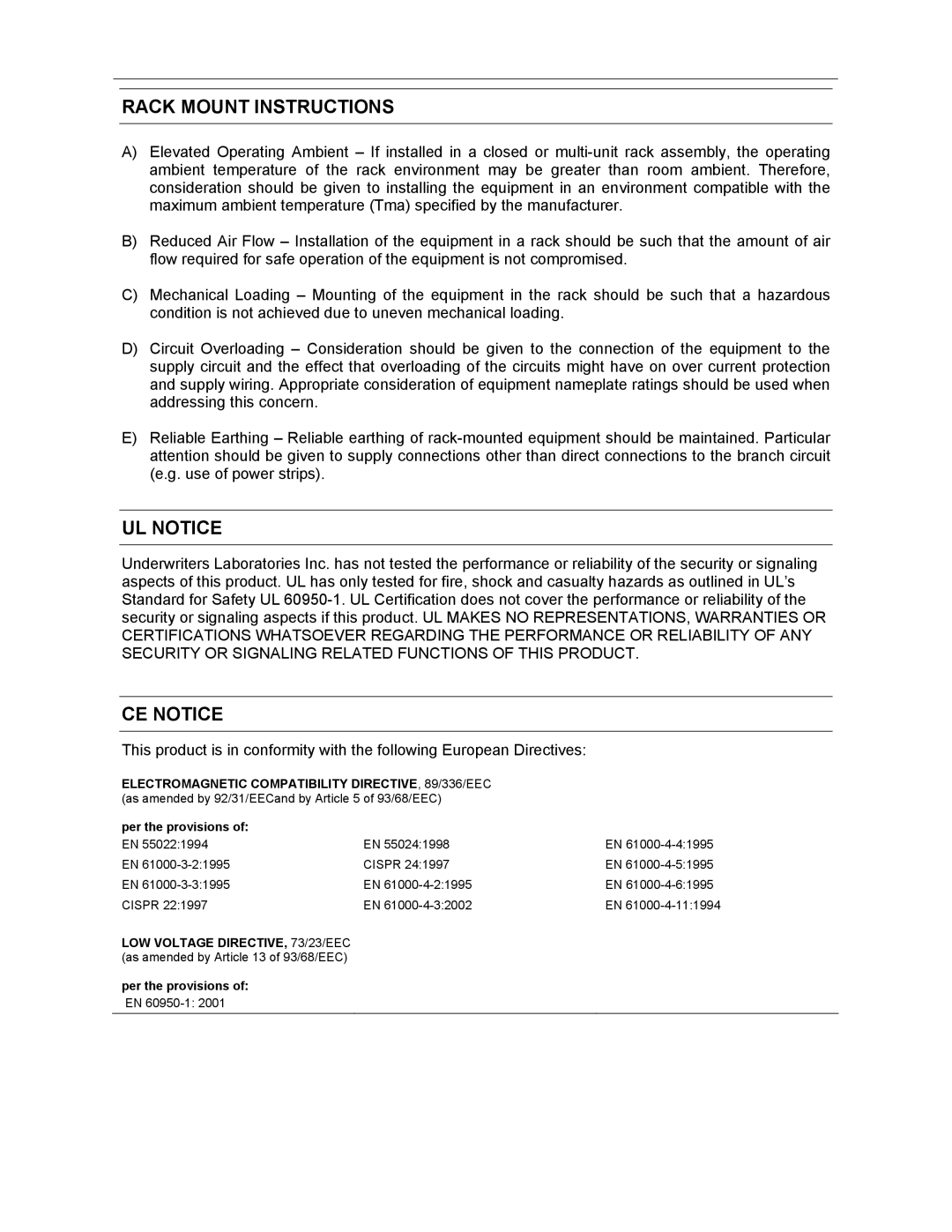 Honeywell FUSION user manual Rack Mount Instructions, UL Notice, CE Notice 