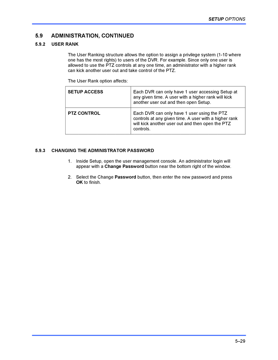 Honeywell FUSION user manual User Rank, Setup Access, PTZ Control, Changing the Administrator Password 