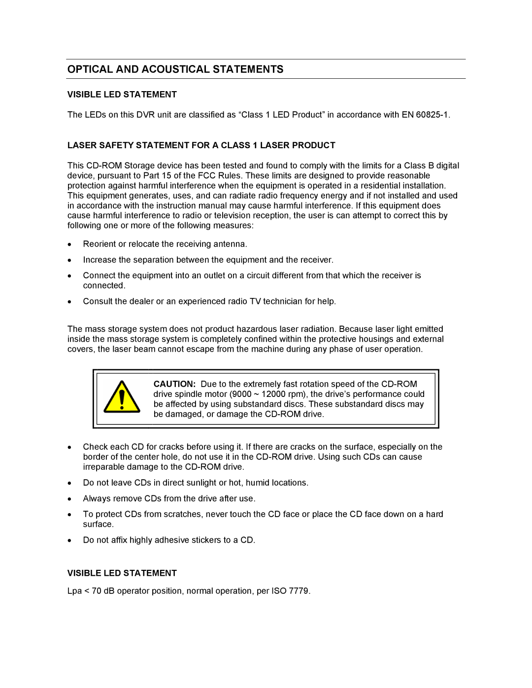 Honeywell FUSION user manual Optical and Acoustical Statements, Visible LED Statement 