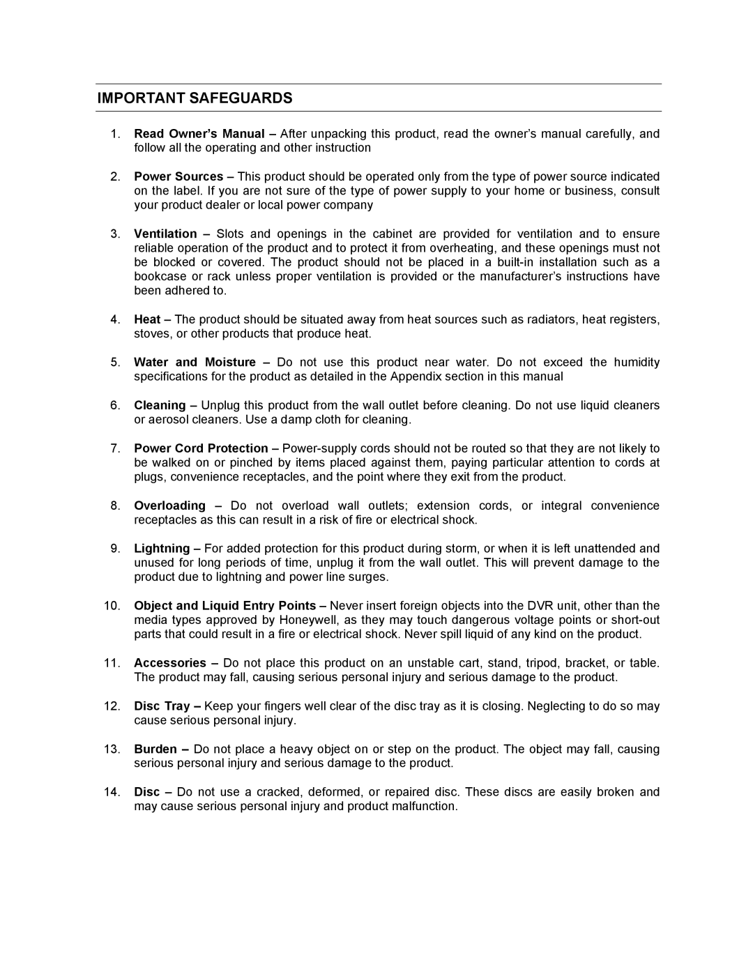 Honeywell FUSION user manual Important Safeguards 