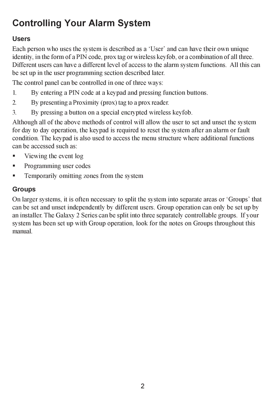 Honeywell Galaxy 2 manual Controlling Your Alarm System, Users, Groups 