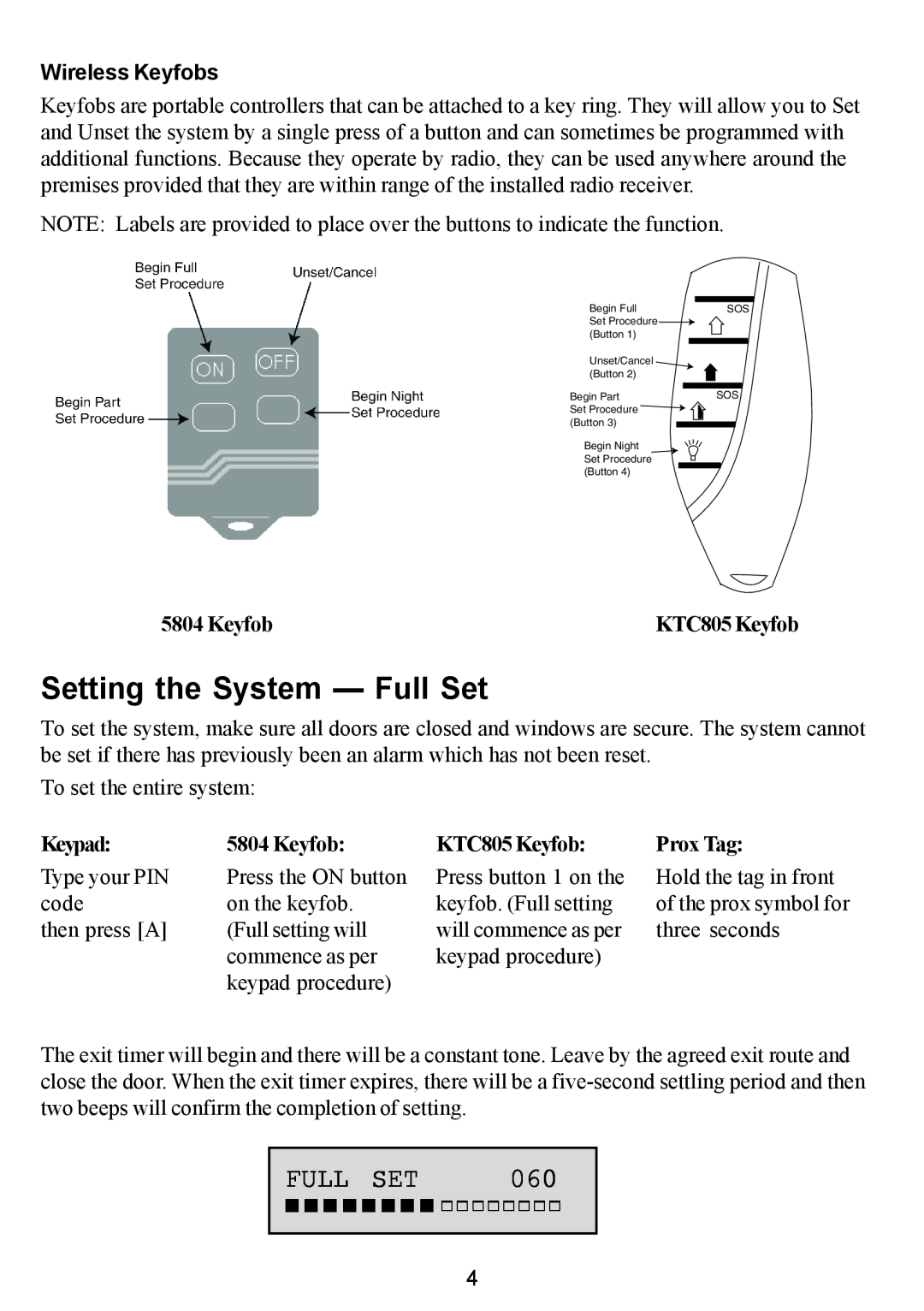 Honeywell Galaxy 2 manual Setting the System - Full Set, Wireless Keyfobs, KTC805 Keyfob, Keypad, Prox Tag 